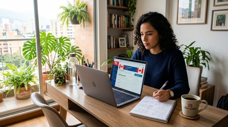 Estudiante profesional en Colombia comparando precios y tarifas de cursos de inglés online en vivo