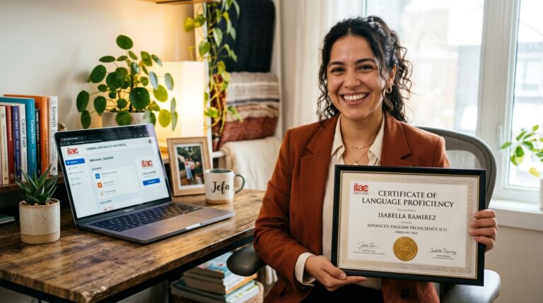 Graduada exhibiendo certificado internacional oficial de inglés avalado por Languages Canada