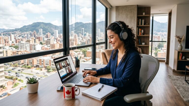 Estudiante profesional en Bogotá tomando clases de inglés en vivo con profesores de Canadá
