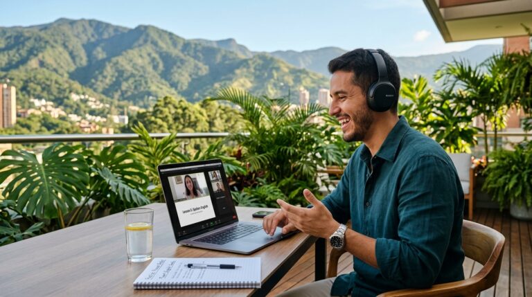 Profesional en Medellín participando en clase interactiva de inglés online con profesores de Canadá