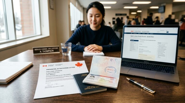 Documento oficial de Carta PAL con pasaporte y visado de estudiante para Canadá