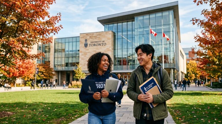 Estudiantes internacionales en campus universitario de Canadá ingresando por Pathway universitario