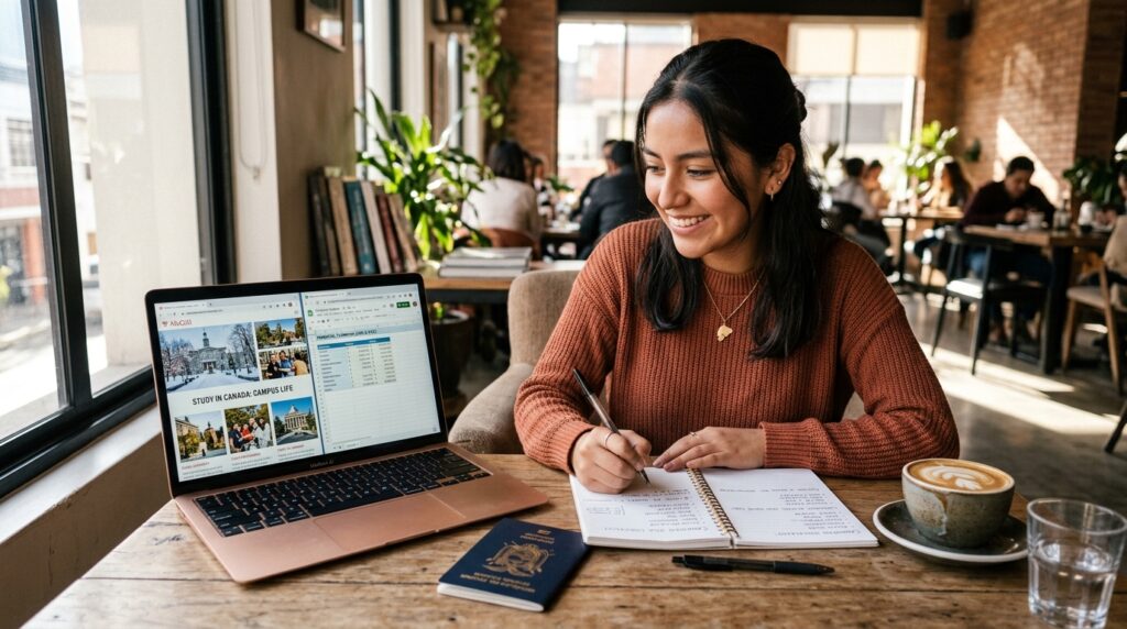 Estudiante ecuatoriana planificando su viaje de estudios a Canadá con presupuesto y pasaporte