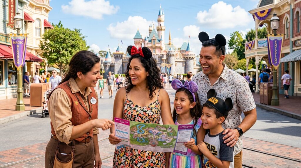Familia hispana en un parque temático consultando un mapa y hablando en inglés con una guía