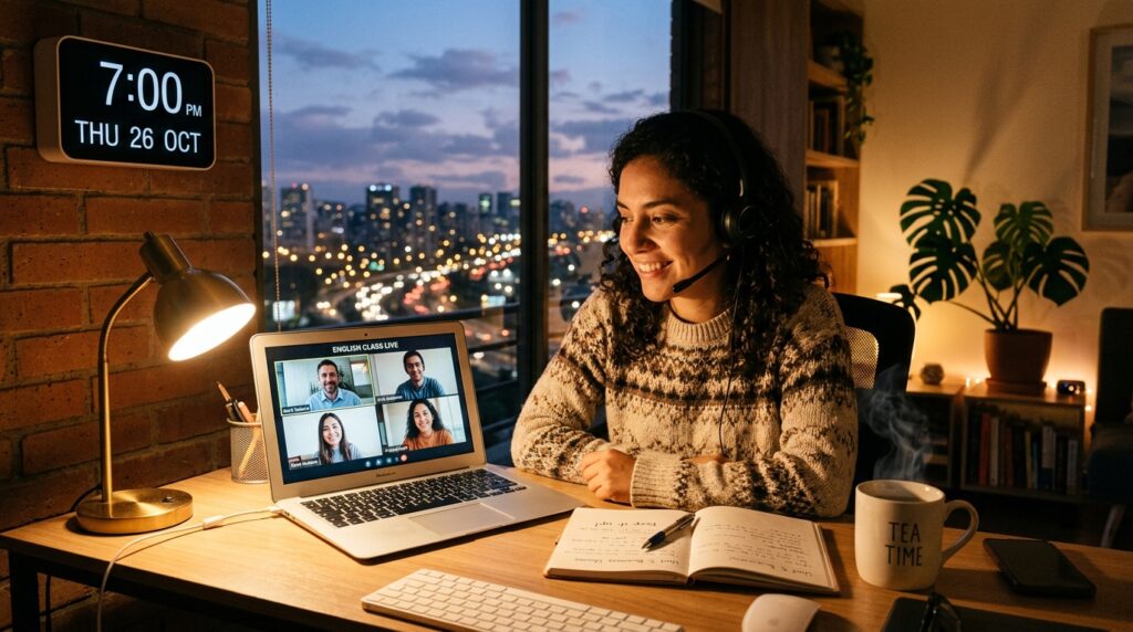 Estudiante en clase de inglés online en vivo a las 7 de la noche con profesor nativo