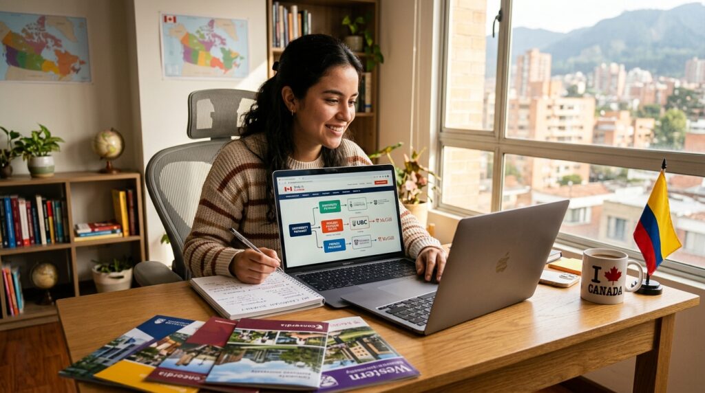 Estudiante planificando su ruta de estudios para universidades y colleges en Canadá