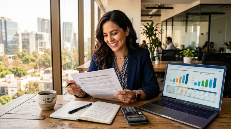 Profesional revisando oferta laboral en dólares con laptop mostrando comparativa salarial