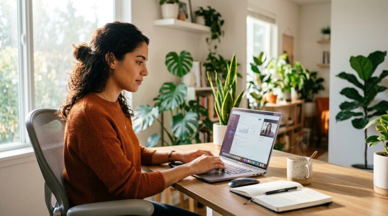 Profesional trabajando en remoto con laptop para empresas internacionales